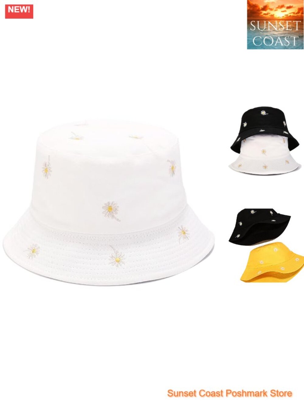 Reversible Embroidered Daisy Bucket Hat Packable Cotton Beach Sun Hat